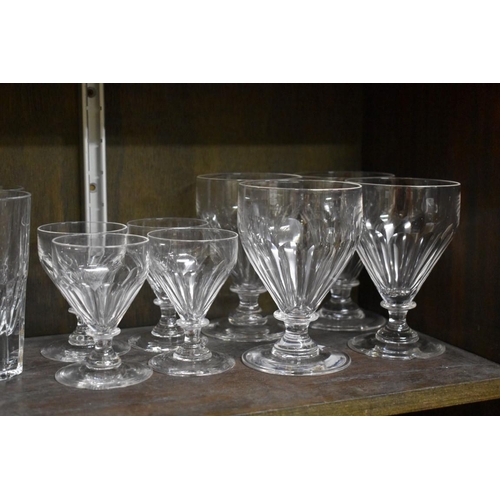 1558 - A small group of clear glass drinking glasses; together with a Royal Crown Derby cup and saucer; and... 