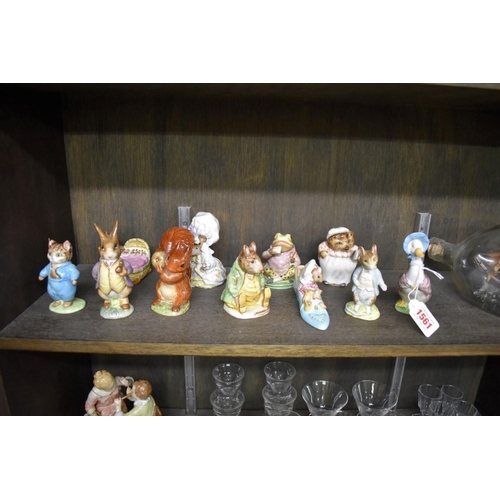 1561 - Eleven Beswick Beatrix Potter figures, comprising: 'Mr Benjamin Bunny', second version, lilac jacket... 