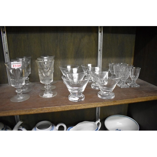 1564 - Three sets of six drinking glasses, one set with deceptive bowls, 10.5cm high. ... 