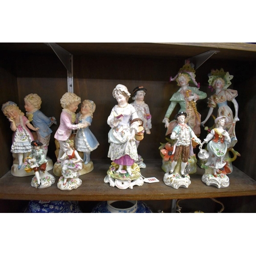 1591 - Six pairs of Continental porcelain figures, to include: Sitzendorf examples, largest 33cm high.... 