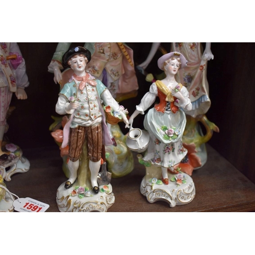 1591 - Six pairs of Continental porcelain figures, to include: Sitzendorf examples, largest 33cm high.... 