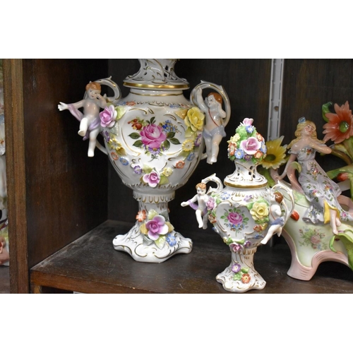 1599 - A collection of Continental porcelain, to include centrepieces and figures. (two shelves)... 