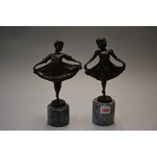 1608 - Two similar French bronze figures of ballerinas, 19.5cm high, each on marble socle of differing heig... 