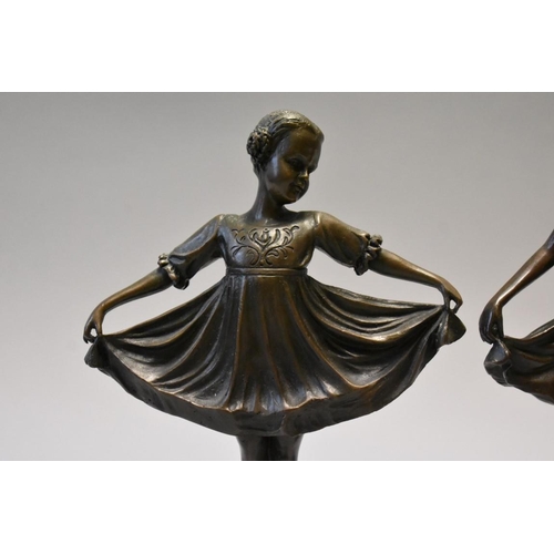 1608 - Two similar French bronze figures of ballerinas, 19.5cm high, each on marble socle of differing heig... 