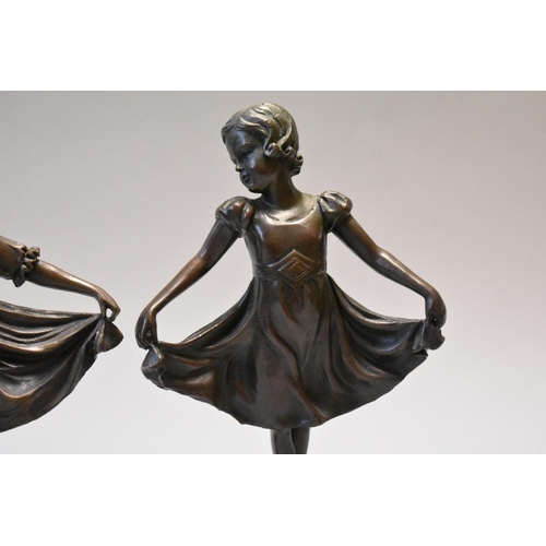 1608 - Two similar French bronze figures of ballerinas, 19.5cm high, each on marble socle of differing heig... 