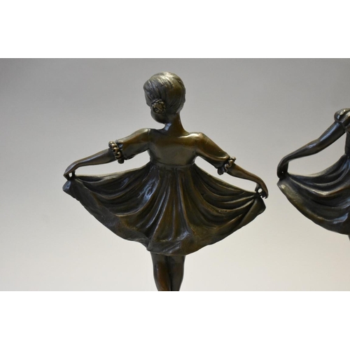 1608 - Two similar French bronze figures of ballerinas, 19.5cm high, each on marble socle of differing heig... 