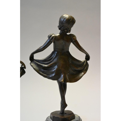 1608 - Two similar French bronze figures of ballerinas, 19.5cm high, each on marble socle of differing heig... 