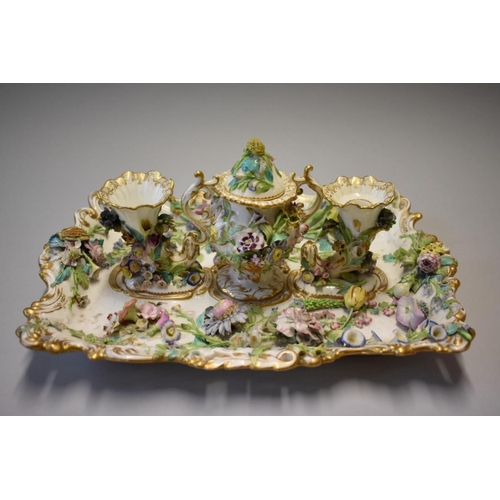 1610 - A 19th century English porcelain floral encrusted desk stand, probably Coalbrookdale, 34cm wide, (s.... 