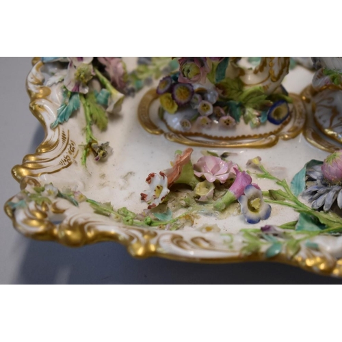 1610 - A 19th century English porcelain floral encrusted desk stand, probably Coalbrookdale, 34cm wide, (s.... 