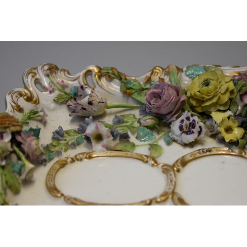 1610 - A 19th century English porcelain floral encrusted desk stand, probably Coalbrookdale, 34cm wide, (s.... 