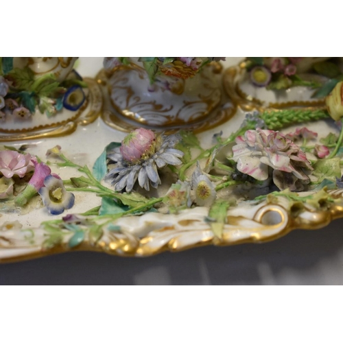 1610 - A 19th century English porcelain floral encrusted desk stand, probably Coalbrookdale, 34cm wide, (s.... 