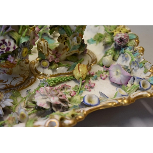 1610 - A 19th century English porcelain floral encrusted desk stand, probably Coalbrookdale, 34cm wide, (s.... 