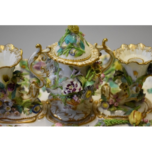 1610 - A 19th century English porcelain floral encrusted desk stand, probably Coalbrookdale, 34cm wide, (s.... 