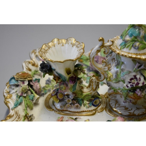 1610 - A 19th century English porcelain floral encrusted desk stand, probably Coalbrookdale, 34cm wide, (s.... 