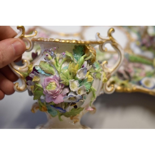 1610 - A 19th century English porcelain floral encrusted desk stand, probably Coalbrookdale, 34cm wide, (s.... 