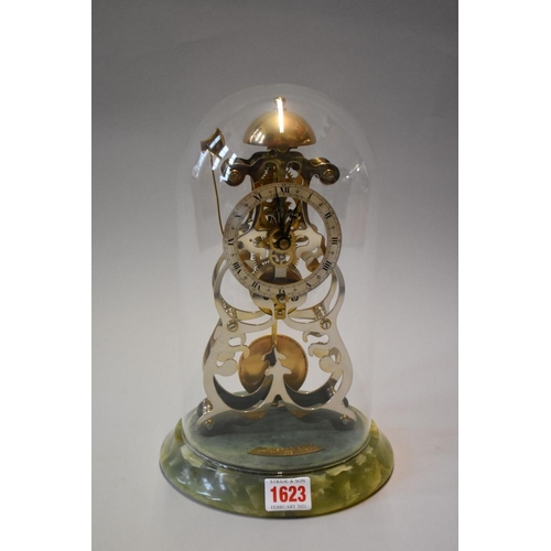 1623 - A Thwaites & Reed skeleton clock, on green onyx base, with glass dome, total height 28cm, w... 