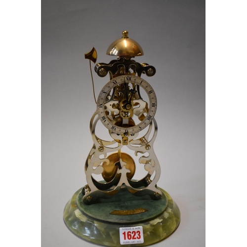 1623 - A Thwaites & Reed skeleton clock, on green onyx base, with glass dome, total height 28cm, w... 