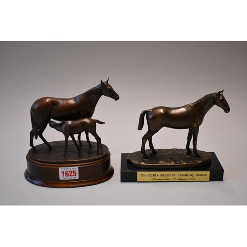 1625 - A bronze sculpture of mare and foal 'Tea Time' by Priscilla Hann, on wood base, 16.5cm high; togethe... 