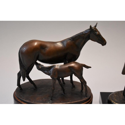 1625 - A bronze sculpture of mare and foal 'Tea Time' by Priscilla Hann, on wood base, 16.5cm high; togethe... 