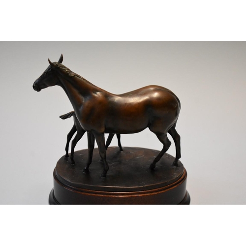 1625 - A bronze sculpture of mare and foal 'Tea Time' by Priscilla Hann, on wood base, 16.5cm high; togethe... 