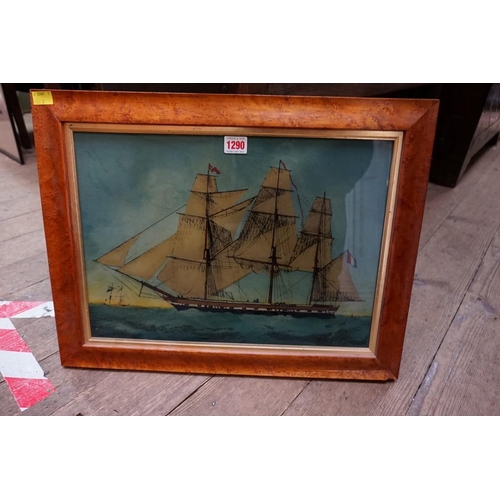 1290 - A pair of reverse glass prints of sailing boats, 31 x 43.5cm, each in birds eye maple frames. (2)... 