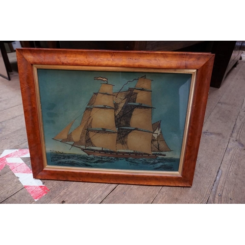 1290 - A pair of reverse glass prints of sailing boats, 31 x 43.5cm, each in birds eye maple frames. (2)... 