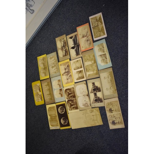 163 - A BOX, to include: 34 stereocards, approx 70 misc. photographs and an old school atlas. (Small ... 