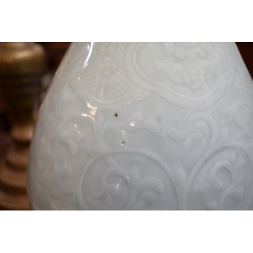 1570 - A Chinese pale celadon vase form table lamp, on carved wooden base, height excluding fitting 39cm.... 