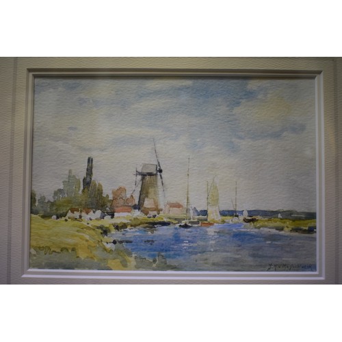 1297 - J H van Mastenbroeck, Dutch canal scene with windmill, signed, watercolour, 12.5 x 18cm.... 