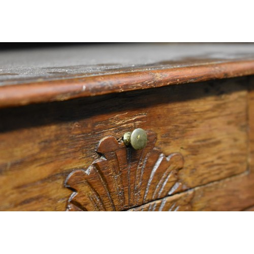 1184 - A pair of Continental oak and marble top bedside tables, 53.5cm wide.