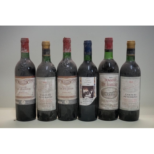 144 - Six 75cl bottles of red Bordeaux, comprising: two Chateau Puycarpin, 1985; two Chateau Le Pradier, 1... 