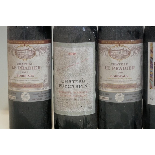 144 - Six 75cl bottles of red Bordeaux, comprising: two Chateau Puycarpin, 1985; two Chateau Le Pradier, 1... 