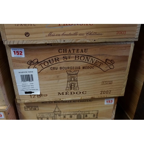 152 - A case of twelve 75cl bottles of Chateau Tour St Bonnet, 2002, Medoc, in owc.