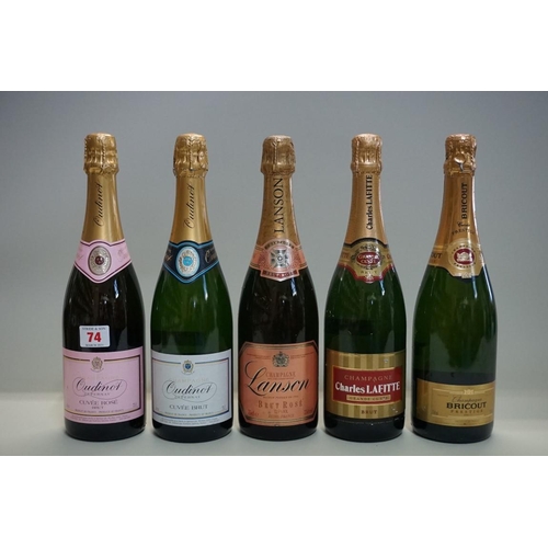 74 - Five various bottles of NV champagne, to include rose examples. (5)