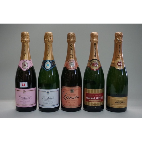 74 - Five various bottles of NV champagne, to include rose examples. (5)