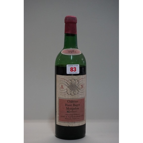 83 - A 75cl bottle of Chateau Haut-Bages Monpelou, 1961, Cru Bourgeois Pauillac.