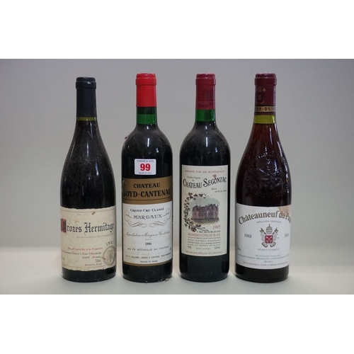 99 - Four 75cl bottles of French red wine, comprising: Chateau Boyd-Cantenac, 1984, Margaux; Chateau Sego... 