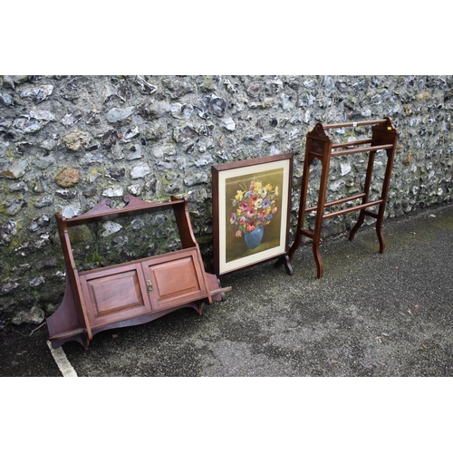 1056 - An old towel airer, firescreen and a hanging wall shelf.Collection of this lot is strictly by appoin... 