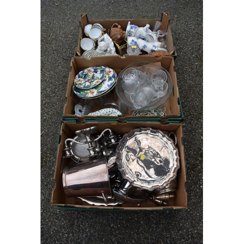 1065 - Two boxes of sundry china and glass; together with a box of silverplate.Collection of this lot is st... 