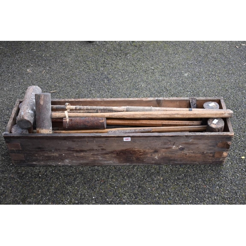 1081 - An old croquet set in wooden box, (missing lid).Collection of this lot is strictly by appointment on... 