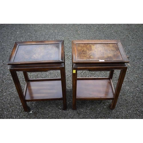 1085 - A pair of Chinese style tables, 36cm wide x 25.5cm deep x 53.5cm high.Collection of this lot is stri... 