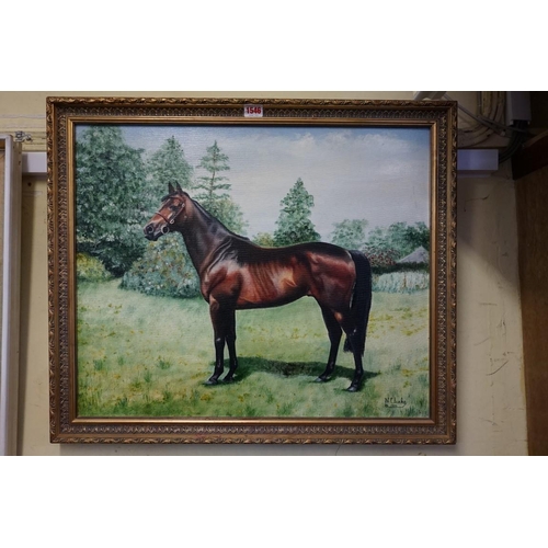 1103 - N Clarke, a bay racehorse in a paddock, signed and dated 1984, oil on canvas, 50 x 60cm.... 