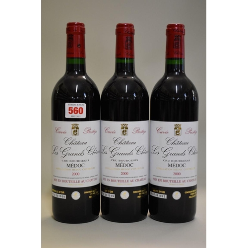 560 - Three 75cl bottles of Chateau Les Grands Chenes Cuvee Prestige, 2000, Bernard Magrez. (3)... 