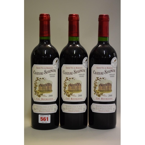 561 - Three 75cl bottles of Chateau Segonzac Cuvee Vieilles Vignes, 2000, Cotes de Blaye. (3)... 