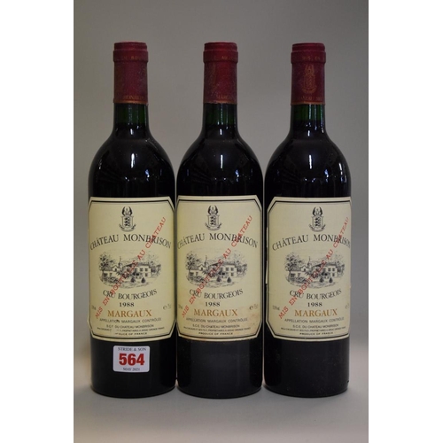 564 - Three 75cl bottles of Chateau Monbrison, 1988, Cru Bourgeois Margaux. (3)