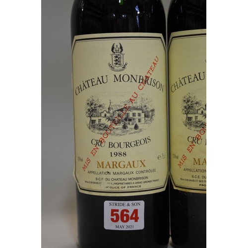 564 - Three 75cl bottles of Chateau Monbrison, 1988, Cru Bourgeois Margaux. (3)