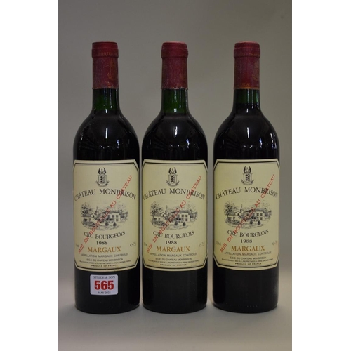 565 - Three 75cl bottles of Chateau Monbrison, 1988, Cru Bourgeois Margaux. (3)