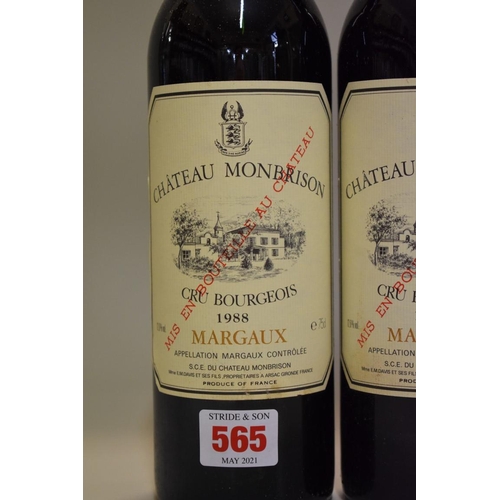 565 - Three 75cl bottles of Chateau Monbrison, 1988, Cru Bourgeois Margaux. (3)