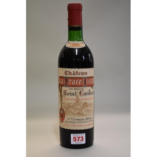 573 - A 75cl bottle of La Grace Dieu Les Menuts, 1961, Grand Cru St Emilion. (1)