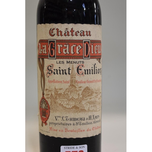 573 - A 75cl bottle of La Grace Dieu Les Menuts, 1961, Grand Cru St Emilion. (1)